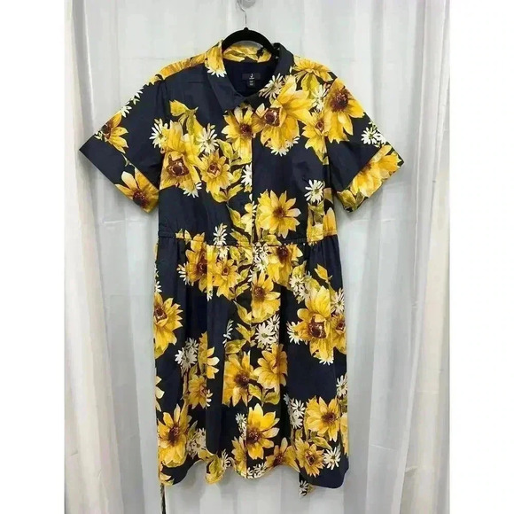 Jason Wu 2XP Blue Sunflower Floral‎ Tie Waist Button Down Collared Midi Dress - Picture 2 of 13